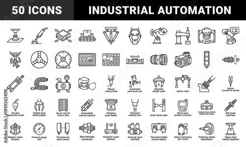 Industrial automation and robotic engineering components featuring heavy machinery, sensors, and smart factory manufacturing hardware in monoline technical style.