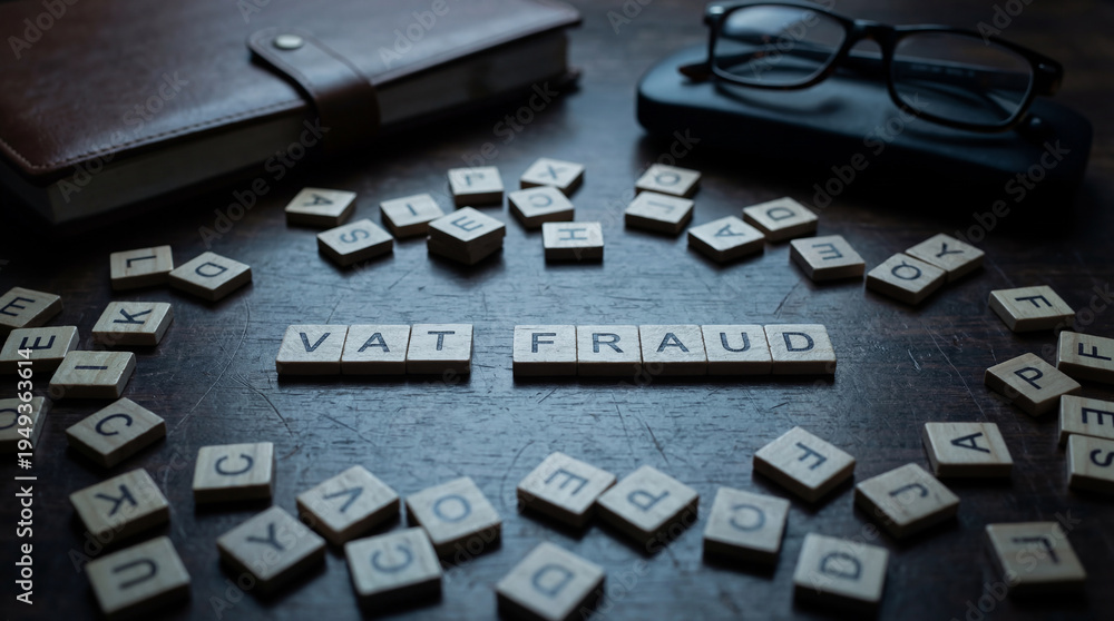 Fototapeta premium VAT Fraud Concept with Letter Tiles and Office Items on Dark Wooden Desk, Finance Crime