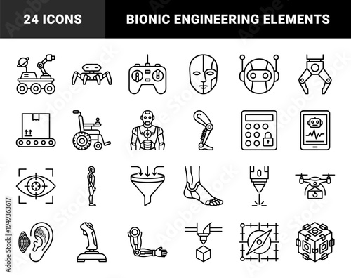 Robotics and bionic engineering technical monoline icons for medical technology and industrial automation. Heavy weighted stroke elements for prosthetic design and artificial intelligence interfaces.