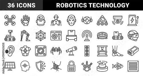 Robotics and automation technology pictograms in technical monoline style featuring artificial intelligence and bionic engineering concepts.