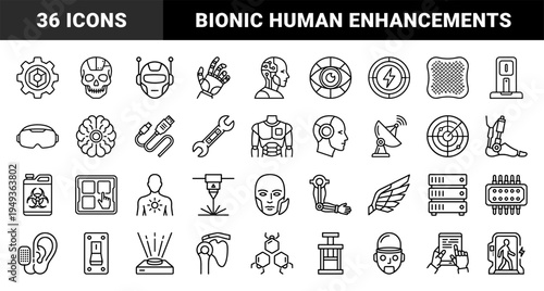 Cybernetic enhancements and futuristic biotechnology elements for transhumanism concepts. Technical monoline pictograms featuring bionic limbs, neural interfaces, and robotic anatomy.