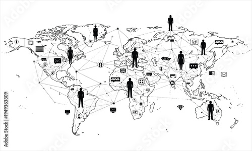Black and white illustration of a world map with people icons and symbols isolated on white background