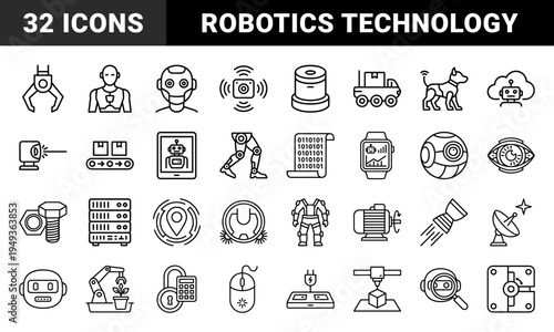 Robotics and automation technology pictograms in technical monoline style featuring humanoid androids, industrial arms, and smart sensors.