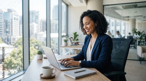 Smiling businesswoman working on laptop at modern office desk with city view