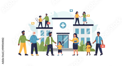 Family moving into new home together with realtor help flat design vector illustration