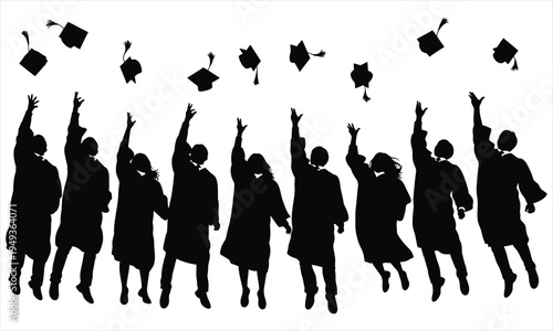 Graduates in silhouette throwing caps in the air on white background celebrating