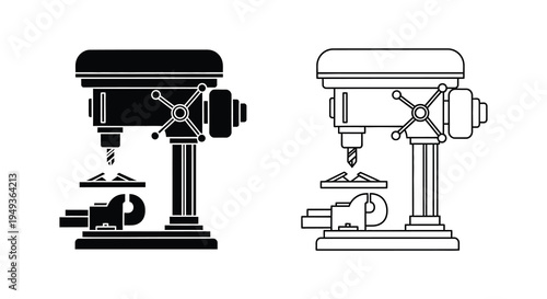 Two drill press illustrations one solid and one outline showcasing industrial tools silhouette