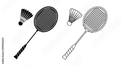 Badminton rackets and shuttlecocks depicted in a stark black silhouette