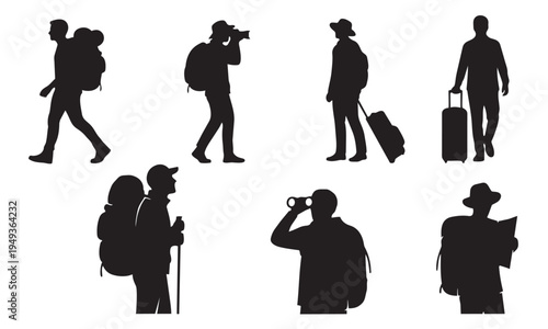 Set of silhouettes of people engaged in travel and photography activities