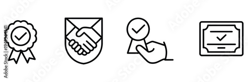 Verification Approved Icons Checkmark Agreement Warranty Badge Confirmation Symbol Outline Line Design Validation Quality Guarantee Security Approval Certificate Trust