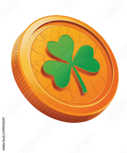 Golden coin with a green shamrock clover symbol, St. Patrick's Day, luck, Irish, celebration, wealth, fortune, isolated on white background, 3D render
