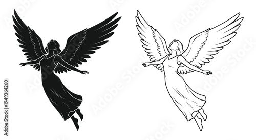 Two angelic figures one a dark silhouette embody grace and ethereal beauty