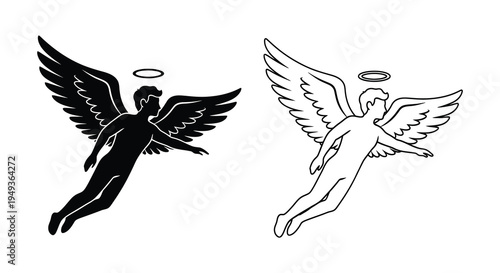 Two angelic figures in flight depicted with a striking dark silhouette