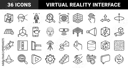 Augmented reality and 3D modeling technical elements for spatial computing. Precise black monoline pictograms featuring virtual interface and depth sensing concepts.