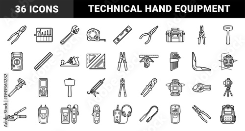Construction and electrical maintenance measuring tools. Technical monoline pictograms for professional trade services and home renovation projects.