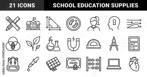 Education and scientific research monoline pictograms for academic presentations. Minimalist school supplies and laboratory equipment design elements.