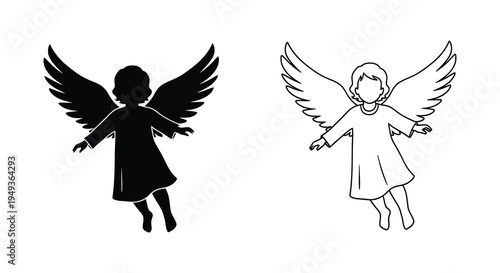 Two angelic figures with spread wings one in solid black silhouette