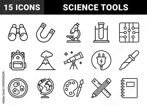 STEM education and scientific research elements in a technical monoline style. Minimalist black and white pictograms for school labs and discovery.
