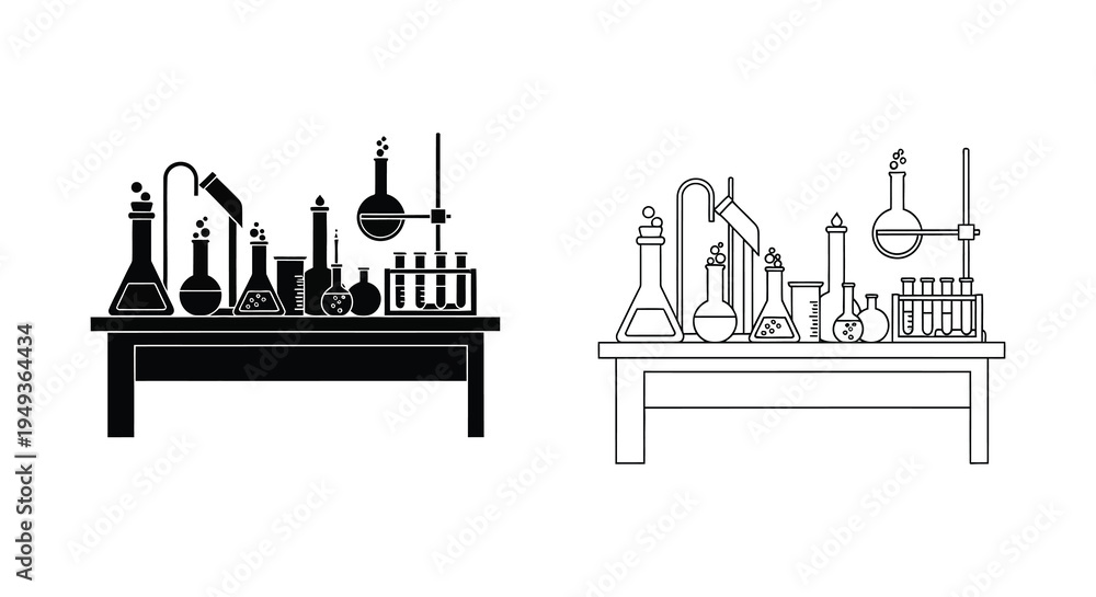 Obraz premium Laboratory glassware and apparatus displayed in black and white a silhouette