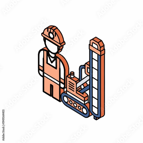 Isometric construction worker with drilling machine illustration.