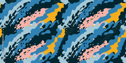Abstract pattern with bold brushstrokes in shades of blue pink and yellow