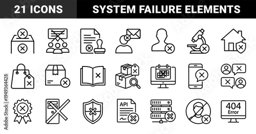 Error handling and data restriction monoline elements for interface design. Minimalist black and white pictograms featuring system failure and access denied concepts.