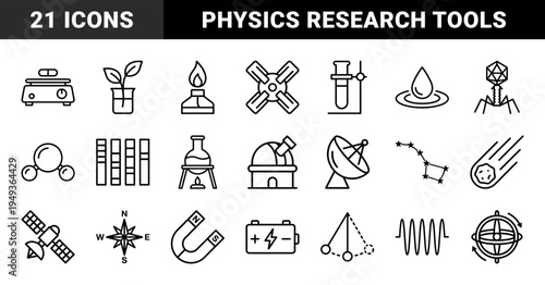 Scientific research and physics education laboratory elements. Technical black monoline symbols featuring astronomy, biology, chemistry, and measurement tools.