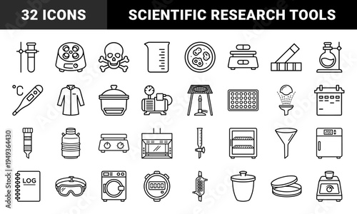 Laboratory equipment and scientific research tools for medical diagnostics. Technical monoline pictograms featuring chemistry apparatus and biotech testing elements.