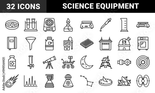 Scientific laboratory equipment and astronomical exploration elements. Technical monolinear pictograms for physics, chemistry, and space research.