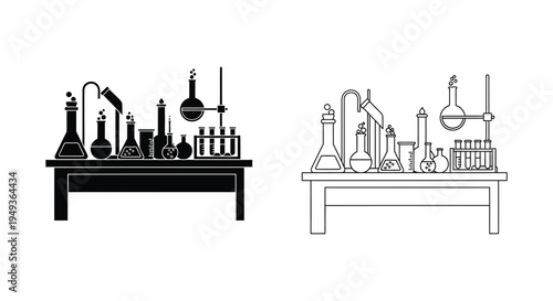 Laboratory glassware and apparatus displayed in black and white a silhouette