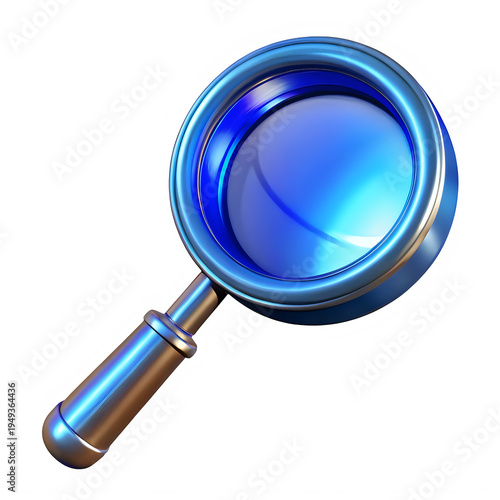 A close-up view of a magnifying glass with a blue lens and a wooden handle isolated on transparent background