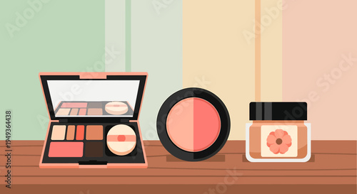 Cartoon illustration of makeup products on wooden table in front of colorful wall