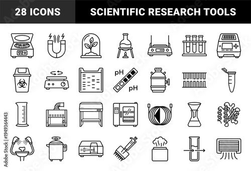 Laboratory research and biotechnology equipment elements for scientific workflow. Technical monoline pictograms featuring molecular biology and chemistry tools.
