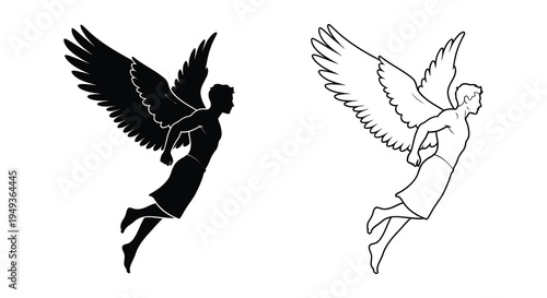 Two winged figures one dark and one light in a striking silhouette