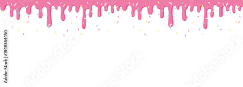 Seamless icing drip texture with sprinkles. Tiling cake frosting pattern repeating horizontally. Pink strawberry icing with colorful sprinkles. Sweet dessert decoration in cartoony style.