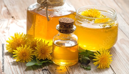 Golden dandelion products on a wooden surface