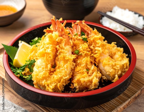 Golden crispy tempura shrimp displayed beautifully with lemon wedge and greens on a textured wooden surface