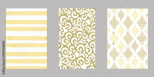 Three rectangular panels displaying repeating gold and yellow patterns