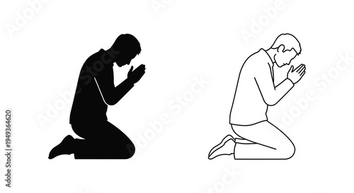 Man kneeling in prayer depicted in contrasting styles a dark silhouette