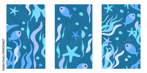 Three seamless patterns depicting an abstract underwater scene