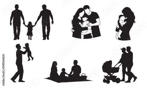 Collection of diverse family silhouette illustrations, depicting parents and children in various loving interactions, from playtime to daily activities and tender care