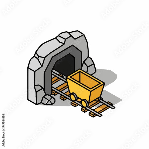 Mine Cart on Railroad Tracks Entering Cave Entrance.