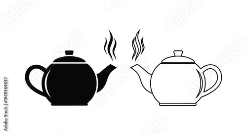 Two teapots one black and one white with rising steam silhouette