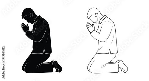 Two men kneeling in prayer depicted in a striking black silhouette