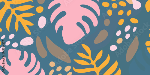Abstract tropical leaves in shades of pink gold and teal