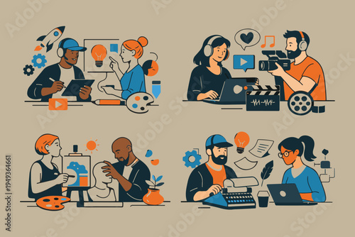 Diverse creative team of professionals collaborating on art, video production, and content creation.