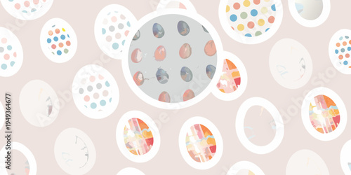 Abstract watercolor easter eggs pattern with colorful dots on a pink background