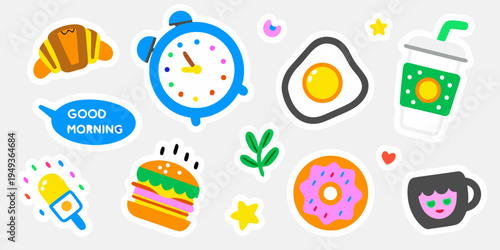 Colorful stickers depicting breakfast items a clock and morning greetings