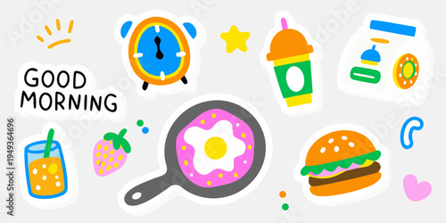 Colorful breakfast themed stickers with a cheerful good morning message