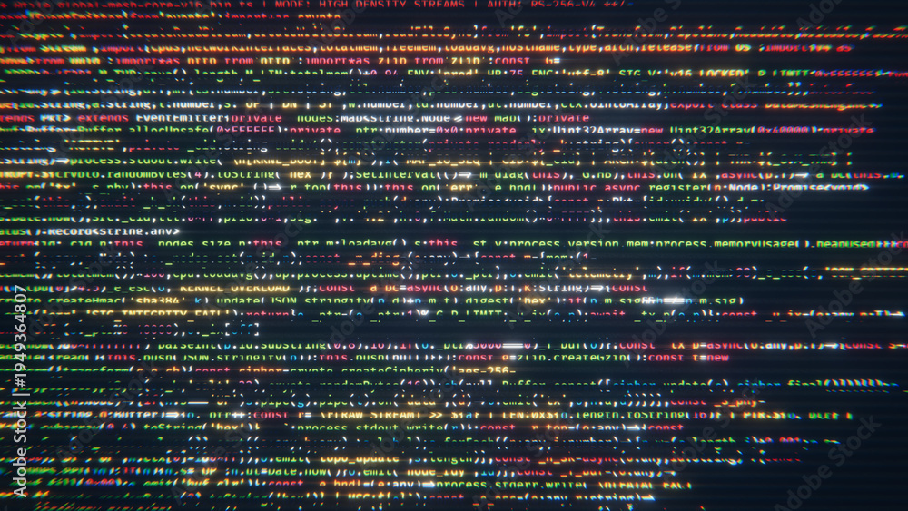 Fototapeta premium Digital data stream displaying programming code on a screen with glitch effect